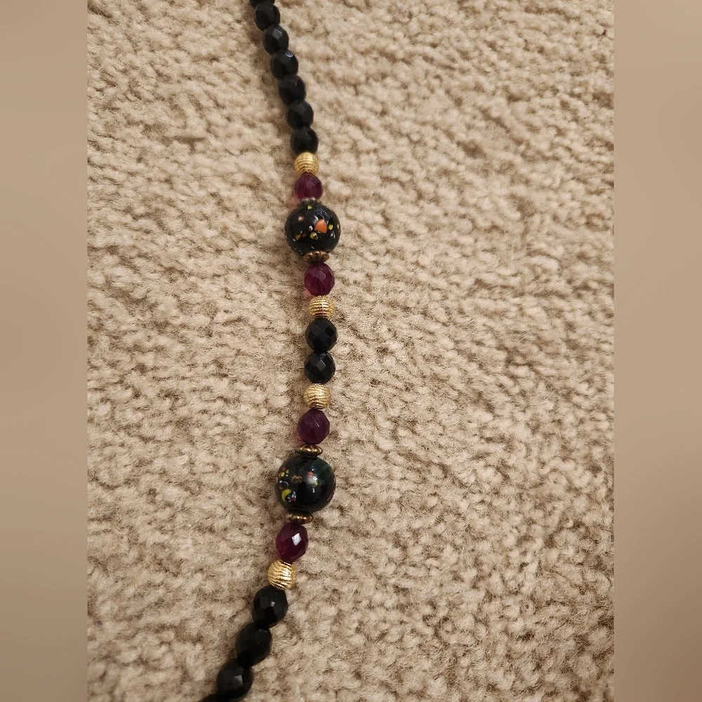 Beaded Black Necklace Purple‎ Floral Gold Abstract